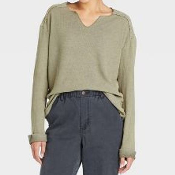 Knox Rose Thermal Lace Top Long Sleeve Green S Layer Boho Split V Neck Cuffed - Picture 3 of 9